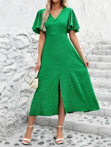 SHEIN Clasi Women Solid Texture V-Neck Flutter Sleeve Belted Summer Women Maxi Green Dress - Green - View 4