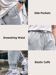 In My Nature Men's Spring Outdoor Joggers With Printed Letters, Elastic Waistband And Drawstring, Side Pockets And Elastic Cuffs