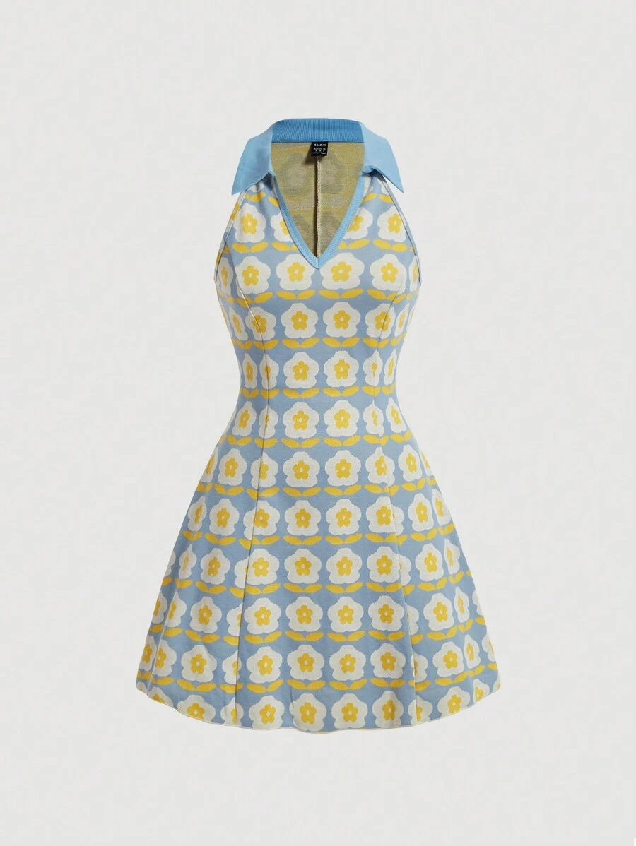 SHEIN MOD 女士复古印花翻领休闲无袖迷你连衣裙 - 淺藍色 - 查看 1