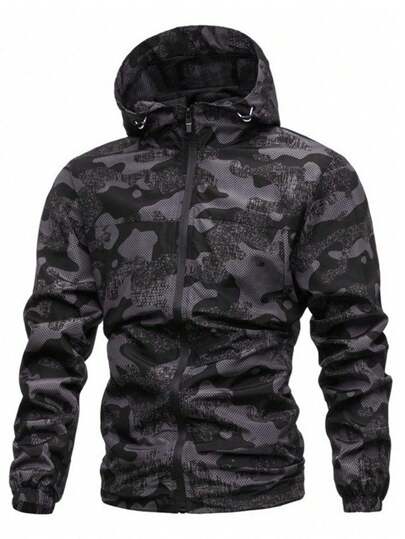 Herren Reißverschluss Zugband Kapuzen Camouflage Jacke, Herbst