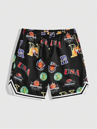 Prep Herren Basketball & Buchstaben Muster Shorts mit Kordelzug Bund, Sommer Sport & Lässig, Schule