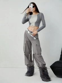 SHEINNeu SHEIINneu Women's Summer Outfits 
Long Sleeves With Contrasting Lace-Up Stitching
T-Shirt - Dark Grey - View 5