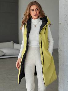 SHEIN Cottnline Ladies' Solid Color Zipper Hooded Mid-length Vest Padded Jacket - Black - View 2