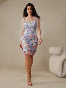 Anewsta 女士精緻三維花卉刺繡優雅透視束腰臀包裝連衣裙 - 藍色 - 查看 2