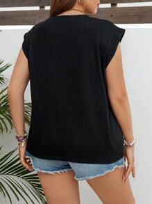 SHEIN LUNE Plus Size Họa Tiết Da Báo Và Họa Tiết Trái Tim Màu Đen Tay Cánh Dơi Áo Phông Thường Ngày Mùa Hè - màu đen - Xem 2