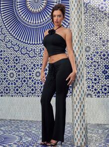 SHEIN SXY x STAS Women Sexy Floral Print Top And Flare Pants Two Pieces Set - Black - View 3