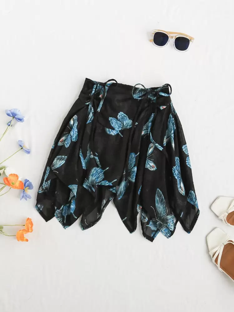Women's Butterfly Printed Asymmetrical Hem Skirt