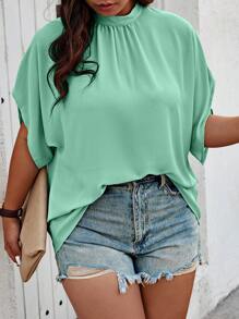 Celure Chemise Casual à manches chauve-souris unicolore taille plus avec col rond et lien pour printemps/été