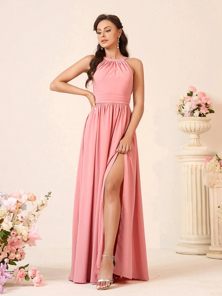 Elegant, Simple And Atmospheric, Lotus Pink Halterneck, Multi-Wear Bow, Rose Decoration, Tying Method, Pleated Waist, Pleated High Waist, Slimming, High Side Slits, Elegant A-Hem, Date, Holiday, Easter Wedding Event, Bridesmaid Dress (Adult)