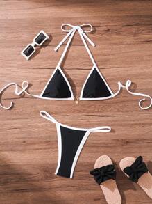 Swim SXY Bộ bikini cổ yếm viền màu dành cho nữ có mút đệm có thể tháo rời, dáng mùa hè - Đen và trắng - Xem 4