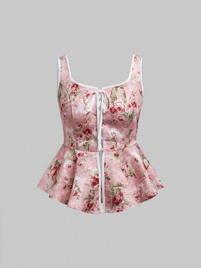 Kawaii Top de tanque de camisola con estampado floral para Mujeres en estilo de vacaciones