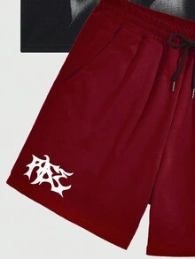 ROMWE MEN Goth 2 件套男士图案印花圆领短袖 T 恤和抽绳腰短裤，休闲装 - 彩色 - 查看 4