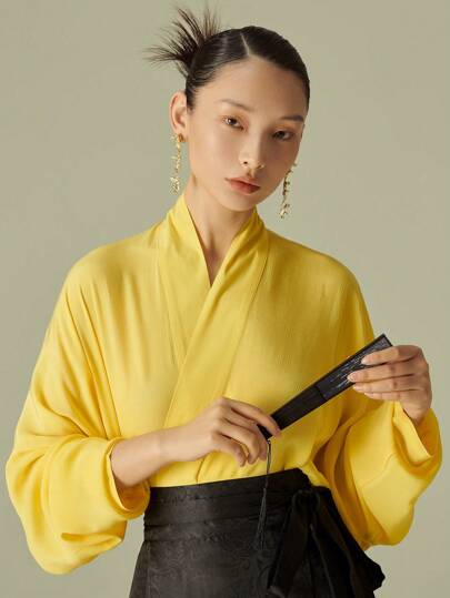 New Chinese Style Hanfu Top, Solid Color, Simple Design, Overlapping Collar, Batwing Sleeves