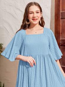 SHEIN Vestido casual tipo A de cintura alta con cuello cuadrado de manga abullonada y textura tejida para adolescente - Celeste - Ver 4