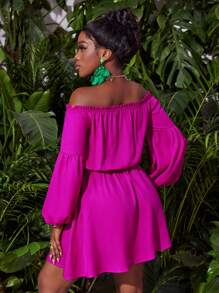 Slaydiva New Short Off Shoulder Lantern Sleeve Solid Color Dress With Drawstring Waist And Pocket Details - S