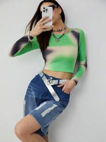 SHEINNeu Women Solid Color Distressed Denim Shorts With Pockets And Buttons