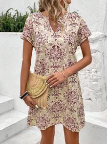 EMERY ROSE 夏季全版印花凹口領蝙蝠袖束腰連衣裙