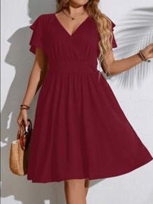 SHEIN Clasi Plus Size Women Fashion Solid Color Ruffled Sleeve Dress - Red - View 5