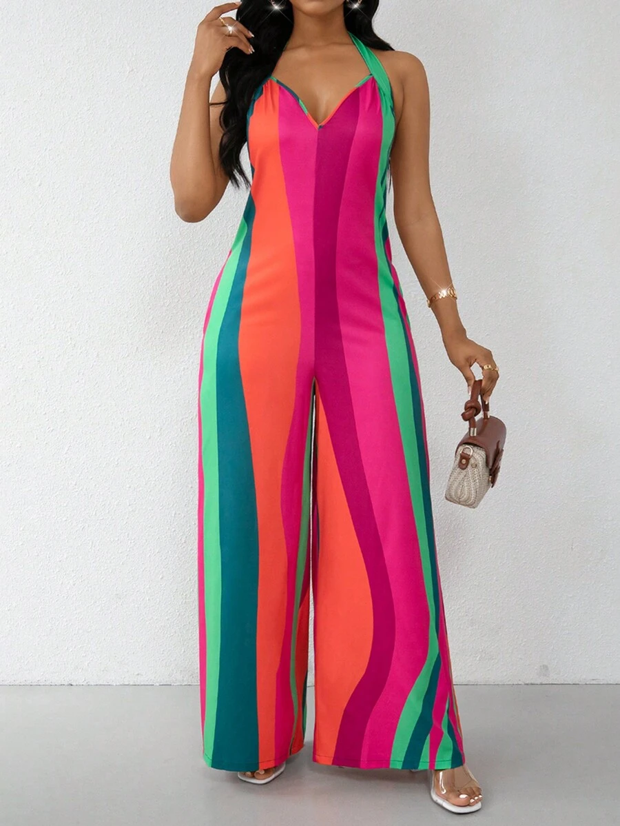 Lyxana Women Colorblock Halter Wide-Leg Jumpsuit With Belt Summer Vacation