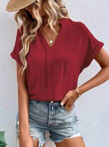 SHEIN LUNE Áo sơ mi nữ cổ chữ V màu trơn đơn giản có nếp nhăn ngẫu nhiên - Màu Đỏ Sâu - Xem 3