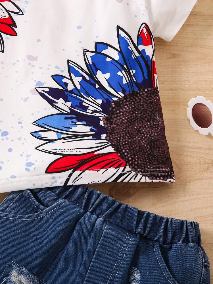 Young Girl Summer Sunflower Print Asymmetrical Collar Short Sleeve T-Shirt And Ripped Denim Shorts Casual Two-Piece Set