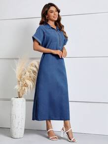 EMERY ROSE Ladies" Casual Spring/Summer Long Denim Dress With Front Zipper, Batwing Sleeves And Side Slits - Medium Wash - View 5