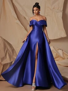 Vestido de festa elegante de cetim para mulheres com ombro caído VIPGIRL - Azul Royal - Visão 4