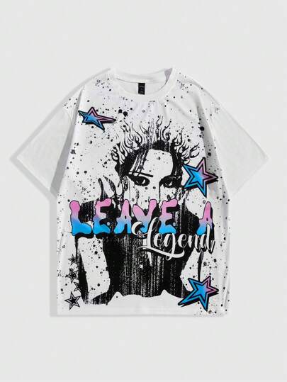 Street Life Men Summer Casual Oversized Short Sleeve Y2k T-Shirt With Character And Letter Print