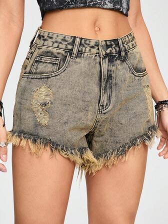 Grunge Punk Grunge gefranste Saum, Vintage Retro gewaschene Damen Denim Shorts
