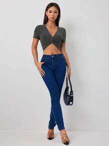 INAWLY 女士夏季肋針編織扭轉短款上衣T恤