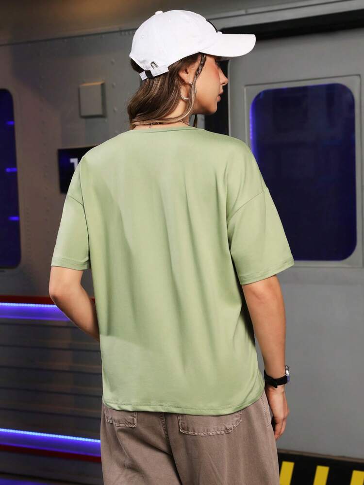 Loose Car And Letter Print Drop Shoulder Casual Summer T-Shirt