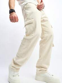 Manfinity Hypemode Quần Jeans Jeans Ống Thẳng Phong Cách Đa Năng Thường Ngày Cho Nam, Quần Jeans Cargo Ống Thẳng Dài Trơn, Dành Cho Chồng, Quà Tặng Bạn Trai - Màu be - Xem 7