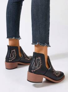 Botines cortos para mujer, estilo Chelsea con punta redonda, tacón mediano y suela con tacón, para tobillo - Negro - Ver 3