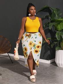 Slaydiva Plus Size Vacation Style Two-Piece Set: Cropped Vest Top With Sunflower Print, High Slit Fitted Skirts With Pleated Ruffle Hem For Summer,Holiday Outfits Boho - Yellow - View 4