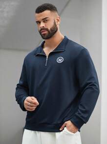 Manfinity Homme Áo nỉ chui đầu cỡ lớn dành cho nam, kiểu dáng thường ngày, có khóa kéo nửa thân và in chữ. - Màu xanh hải quân - Xem 6