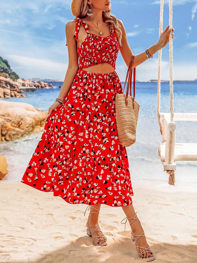 Women Summer Holiday Style Printed Spaghetti Strap Long Dress With Waist Tie And Hollow Out Details