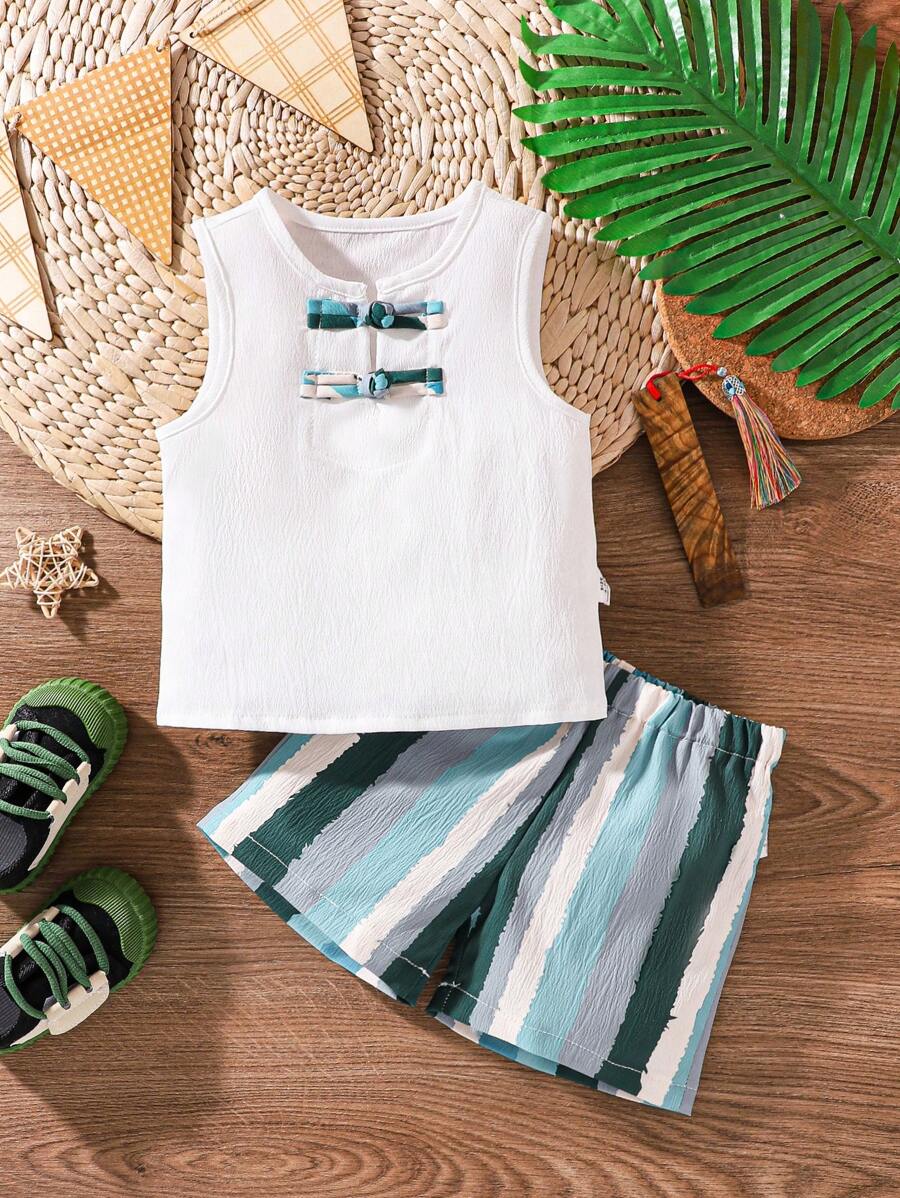 男宝宝夏季中国传统唐装套装无袖上衣短裤两件套