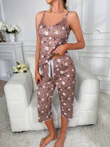Flower Print Camisole And Shorts Pajama Set - Dusty Pink - View 4
