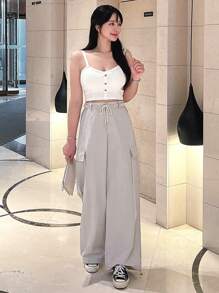 DAZY Button Decoration Padded Crop Top Camisole For Four Seasons - White - View 10