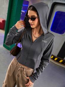 Streetz SHEIN Sport Chaqueta corta deportiva con capucha, cierre frontal de cremallera y cordón, con estampado de letras, para primavera y otoño. - Gris - Ver 4