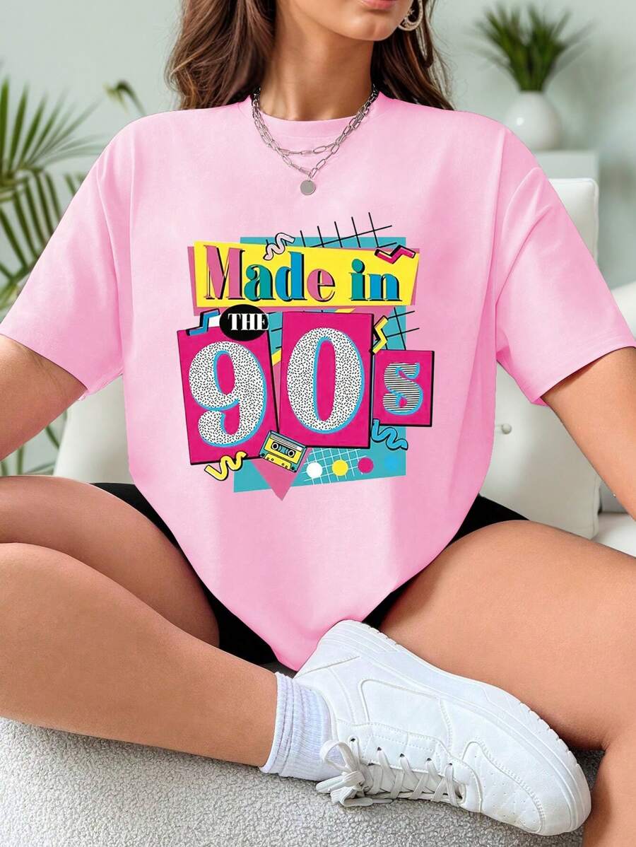 Flirla Round Neck Short Sleeve T-Shirt With English And Number Print For Summer - Pink - View 1