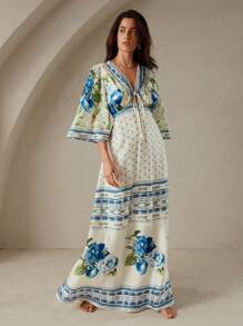 Anewsta Vintage Floral Print Women Deep V Neck Satin A-Line Dress With Fit And Flare Design And Bell Sleeves - Blue and White - View 4