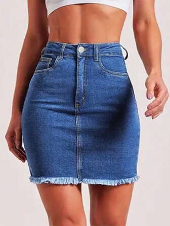 Tight-Fitting Figure-Hugging Sexy Frayed Denim Mini Skirt