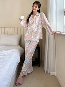 DAZY Conjunto de pijama floral estampado sencillo para mujer