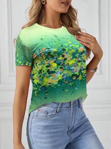 SHEIN LUNE Áo thun tay ngắn cổ tròn in ngẫu nhiên cỡ lớn - màu xanh lá - Xem 4