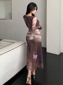 DAZY 女士扎染网纱长袖连衣裙，返校季服装，秋季连衣裙/长裙 - 棕色 - 查看 5