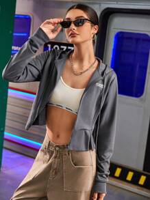 Streetz SHEIN Sport Chaqueta corta deportiva con capucha, cierre frontal de cremallera y cordón, con estampado de letras, para primavera y otoño. - Gris - Ver 2