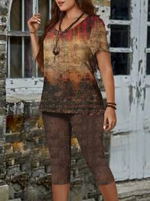 EMERY ROSE Sommerliche, lässige Retro T-Shirt Top und schmale 7/8 Leggings Set, Damem 2 Stücke Outfit in großen Größen