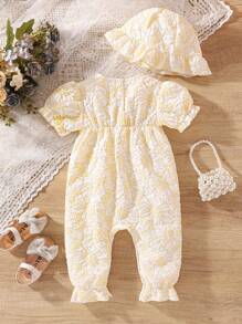 Baby Girl Fashionable Embossed Bubble Sleeve Jumpsuit Summer - Multicolor - View 2