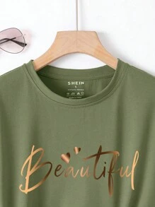 INAWLY Women Letter Print Round Neck Short Sleeve Summer Casual T-Shirt Graphic Tees Women Tops - Army Green - View 4